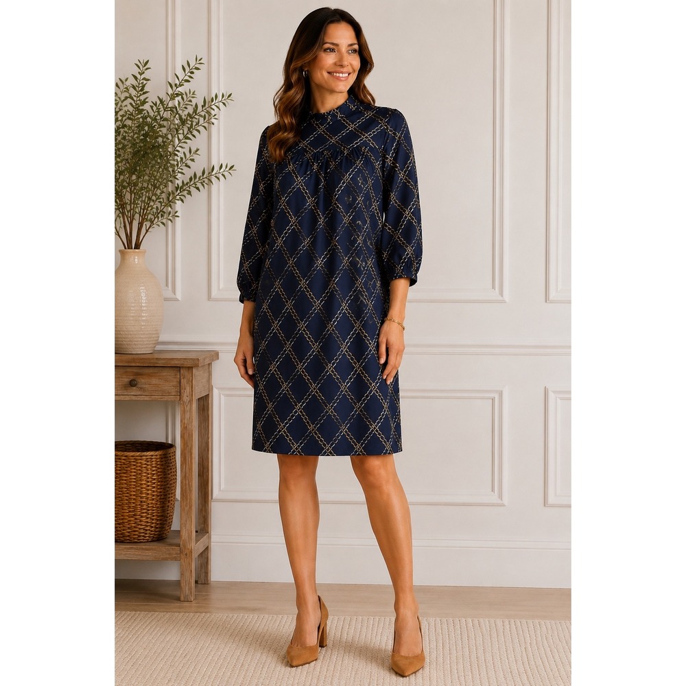 Who What Wear Navy Chain Print Mock Neck Dress Old Money Minimalist Large